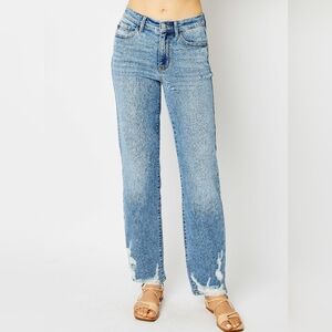 Judy Blue High-Rise Waist Dad Jeans Straight Leg Distressed Torn Hem Denim Pants